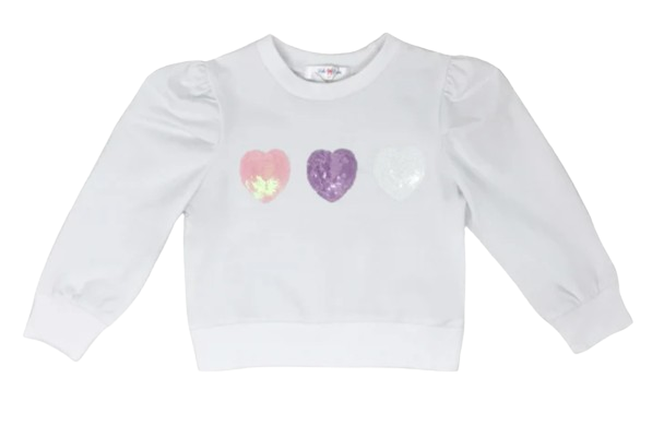 Lily - Pastel Sequin Heart Puff Long Sleeve Shirt - White