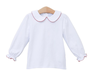 Peter Pan Collar Shirt - White/Red Pipping