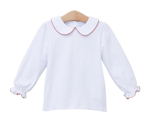 Peter Pan Collar Shirt - White/Red Pipping