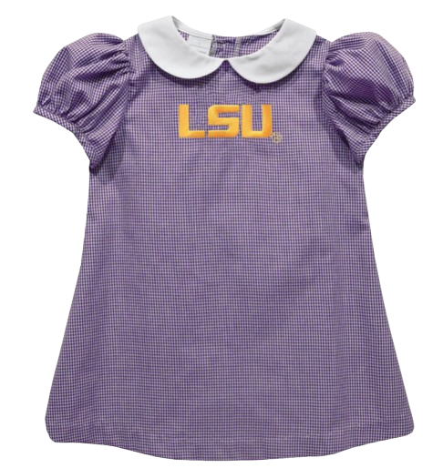 LSU Tigers Embroidered Purple Gingham Short Sleeve A Line Dress