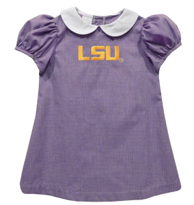 LSU Tigers Embroidered Purple Gingham Short Sleeve A Line Dress