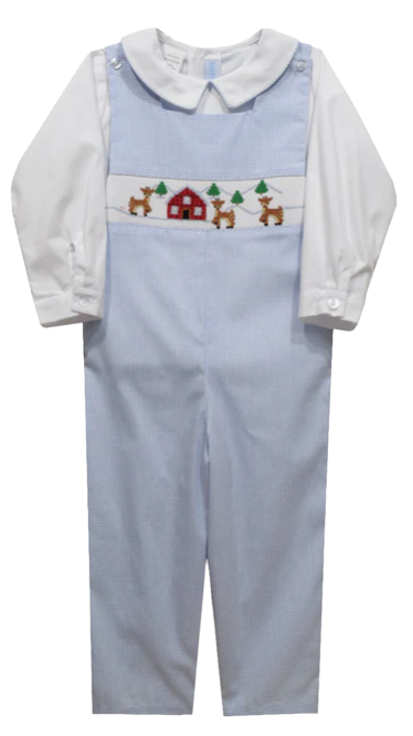 Snow Reindeers Smocked Light Blue Check Boys Long Jon Jon