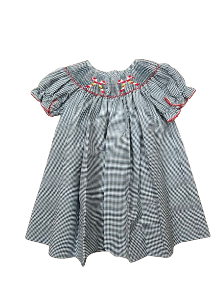 Candy Canes Smocked Hunter Green Gingham Dress