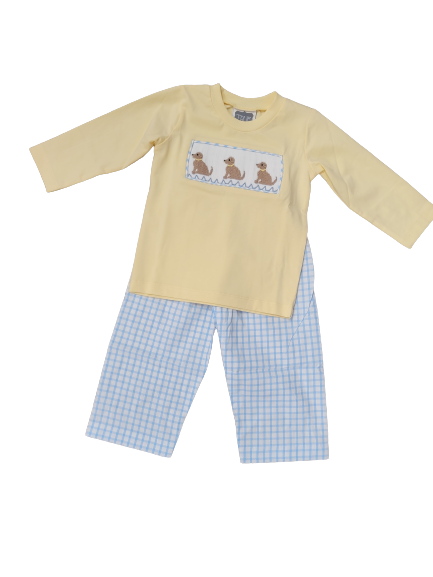 Puppy Smocked Set Yellow/Light Blue